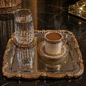 Paslanmaz Çelik Gümüş Üzeri Gold Gül Figürlü Sunum Tepsisi