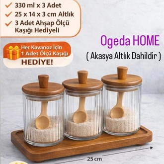 Mien Ahşap Kapaklı Cam Baharat Seti 3’lü (330 ml) - Altlık ve Kaşıklı 3'lü Baharat Seti