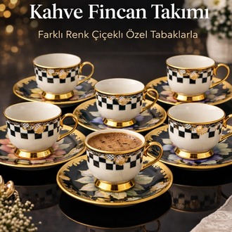 Balsa Porselen Gold Ayaklı Renkli Tombul Dama Desenli 6’lı Türk Kahve Fincan Takımı