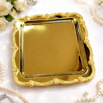 Paslanmaz Çelik Tek Kişilik Dekoratif Kare Servis Kahve Çay Tepsisi-Gold Gül Figurlu