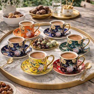Mien Deco 6 Kişilik Porselen Kahve Fincan Takımı – Renkli & Desenli Şık Türk Kahvesi Seti