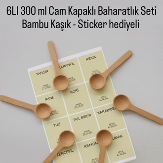 Mien 6’lı Bambu Kapaklı Cam Baharatlık Seti – Ahşap Kaşık + Etiketli Düzen Seti