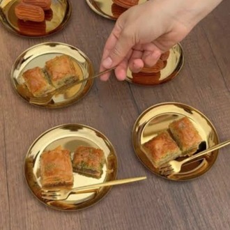 6'lı Gold Yuvarlak Metal Tatlı Tabağı 12 cm- Kahve Yanı Lokumluk,Şekerlik