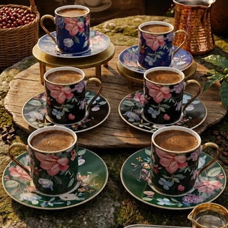 6 Kişilik Çok Renkli Çiçekli Fincan Takımı - Balsa 3 Renk Çiçekli Fincan Takımı
