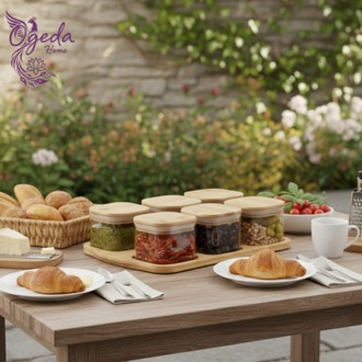 6’lı Kare Cam Saklama Kabı Seti – Bambu Kapaklı Kavanoz – Kahvaltılık & Çerezlik Seti