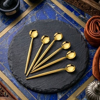6'lı Paslanmaz Titanyum Yuvarlak Gold Çay Kaşığı - 6'lı Gold Çay Kaşık Seti