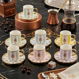6 Kişilik Renkli Çiçekli Fincan Takımı- Balsa 6 Kişilik Çiçekli Çok Renkli Fincan Seti