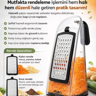 Mien Hazneli Rende- Paslanmaz Çelik Çok Amaçlı Mutfak Rendesi-Şeffaf Kaplı 3 Aparatlı Rende
