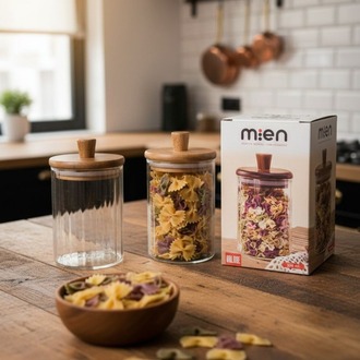 Mien Ahşap Kapaklı Cam Baharat Seti 3’lü (330 ml) - Altlık ve Kaşıklı 3'lü Baharat Seti