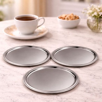 2'li Gümüş Renk Dekoratif Paslanmaz Yuvarlak Model Servis Tepsisi 23 cm