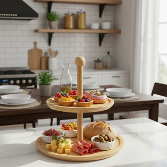 2 Katlı yuvarlak bambu sunumluk- 2 Katlı Sunum Standı