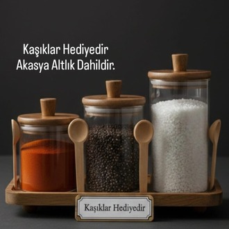 Mien 3’lü Akasya Ahşap Kapaklı Baharat Seti - 3 Boy Akasya Kapaklı Baharatlık