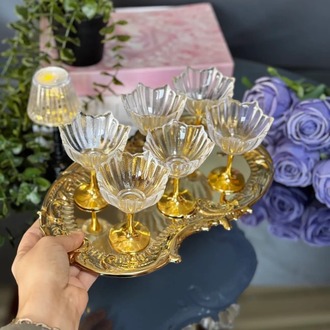 6'lı Gold Ayaklı Lotus Çiçeği Kahve Yanı Cam Lokumluk-Gold Ayaklı Lotus Lokumluk