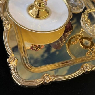 Paslanmaz Çelik Tek Kişilik Dekoratif Kare Servis Kahve Çay Tepsisi-Gold Gül Figurlu