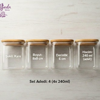 Mien 4’lü Cam Saklama Kabı Seti – 4'lü Kare Kahvaltılık Seti-Bambu Kapaklı Saklama Kabı