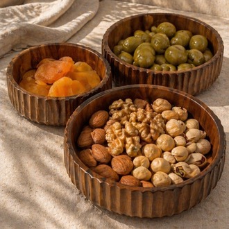 3'lü Akasya Kase Seti- 3lü Akasya Oyuklu Curve Bowl Kase Seti
