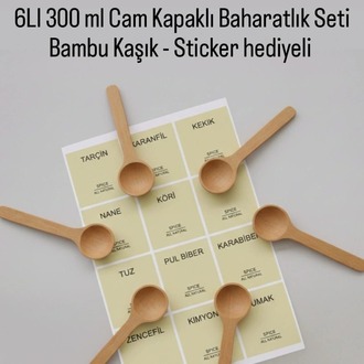 Mien 6’lı Akasya Kapaklı Cam Baharatlık Seti – Ahşap Kaşık + Etiketli Düzen Seti