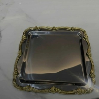Paslanmaz Çelik Tek Kişilik Dekoratif Kare Servis Kahve Çay Tepsisi-Gümüşe Gold Gül Figurlu