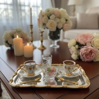 Gold- Gümüş Nişan Tepsisi Dikdörtgen Sunum Tepsisi–Söz & Nişan Tepsisi, Kahve Sunum Tepsisi