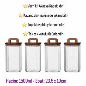 Mien 4’lü Cam Saklama Kavanoz Seti – 4'lü 1500 ml Kare, Akasya Kapaklı, Kulp Detaylı Set