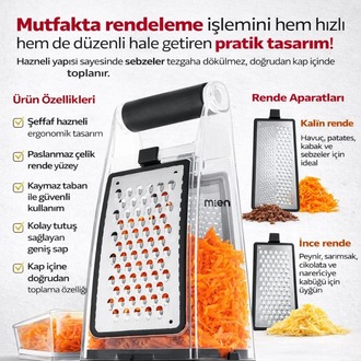 Mien Hazneli Rende- Paslanmaz Çelik Çok Amaçlı Mutfak Rendesi-Şeffaf Kaplı 3 Aparatlı Rende