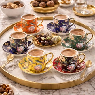 Mien Deco 6 Kişilik Porselen Kahve Fincan Takımı – Renkli & Desenli Şık Türk Kahvesi Seti