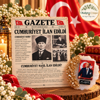 Cumhuriyet’in İlanı – Nostaljik Gazete Kartı ve Türk Bayraklı Atatürk Magneti