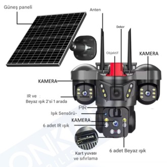 Okam 8050 Solar Güneş Enerjili 4G Sim Kartlı eSim Destekli 9MP 3 Lens Güvenlik Kamerası