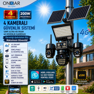OKAM PRO PREMİUM 4G-334 4 KAMERALI PROJEKTÖRLÜ 4G SOLAR GÜVENLİK KAMERASI