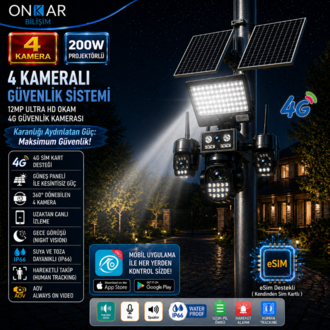 OKAM PRO PREMİUM 4G-334 4 KAMERALI PROJEKTÖRLÜ 4G SOLAR GÜVENLİK KAMERASI