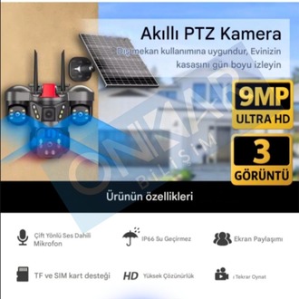 Okam 8050 Solar Güneş Enerjili 4G Sim Kartlı eSim Destekli 9MP 3 Lens Güvenlik Kamerası