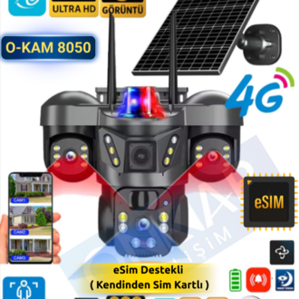 Okam 8050 Solar Güneş Enerjili 4G Sim Kartlı eSim Destekli 9MP 3 Lens Güvenlik Kamerası