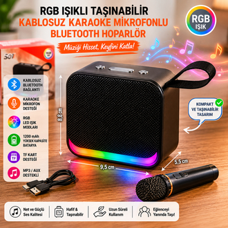 RGB Işıklı Kablosuz Karaoke Mikrofonlu Bluetooth Hoparlör (S01)