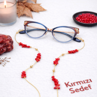 Sedef Kırmızı Doğal Taşlı Gözlük Zinciri