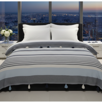 Orbit Pamuklu Çift Kişilik Pike ve Yatak Örtüsü - 220X240 cm Dokuma, Püsküllü - Gece Mavisi