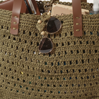 Haki Yeşil Deri Saplı Örgü Tote Çanta | Olive Green Crochet Tote Bag Leather Handles