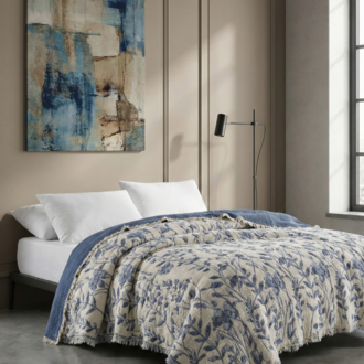 Jakarlı Müslin Yatak Örtüsü-Çift Kişilik PIKE-%100 PAMUK-230X250 cm - İNDİGO