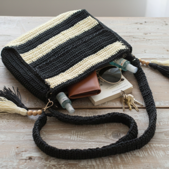 El Yapımı Siyah Çizgili Örgü Omuz Çantası | Handmade Black Striped Crochet Bag