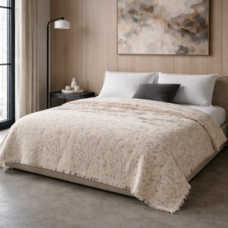 Jakarlı Müslin Yatak Örtüsü-Çift Kişilik PIKE-%100 PAMUK-230X250 cm - VİZON