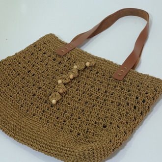 Haki Yeşil Deri Saplı Örgü Tote Çanta | Olive Green Crochet Tote Bag Leather Handles