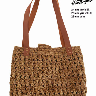 Taba Hasır Örgü Omuz Çantası Deri Askılı | Tan Woven Straw Shoulder Bag Leather Handles
