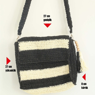 El Yapımı Siyah Çizgili Örgü Omuz Çantası | Handmade Black Striped Crochet Bag