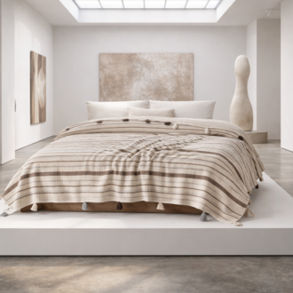 Pamuklu Çift Kişilik Pike ve Yatak Örtüsü - 220X240 cm Dokuma, Ponponlu - Vizon
