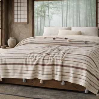 Pamuklu Çift Kişilik Pike ve Yatak Örtüsü - 220X240 cm Dokuma, Ponponlu - Vizon
