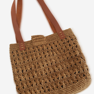 Taba Hasır Örgü Omuz Çantası Deri Askılı | Tan Woven Straw Shoulder Bag Leather Handles