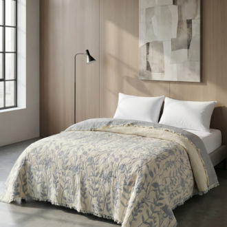 Jakarlı Müslin Yatak Örtüsü-Çift Kişilik PIKE-%100 PAMUK-230X250 cm - GRİ