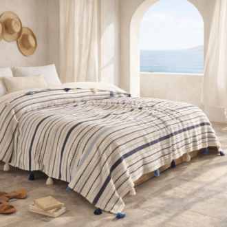 Pamuklu Çift Kişilik Pike ve Yatak Örtüsü - 220X240 cm Dokuma, Ponponlu - Vizon