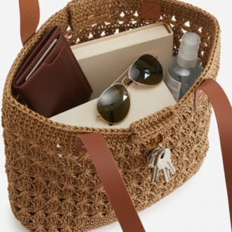 Taba Hasır Örgü Omuz Çantası Deri Askılı | Tan Woven Straw Shoulder Bag Leather Handles
