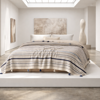 Pamuklu Çift Kişilik Pike ve Yatak Örtüsü - 220X240 cm Dokuma, Ponponlu - Buzul Mavisi