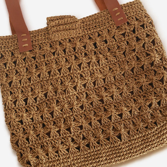 Taba Hasır Örgü Omuz Çantası Deri Askılı | Tan Woven Straw Shoulder Bag Leather Handles